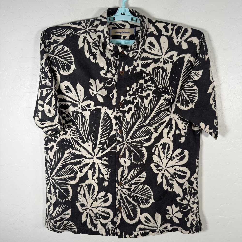 Tommy Bahama Shirt Mens Medium Black White Leaf Print Hawaiian Camp Silk Floral